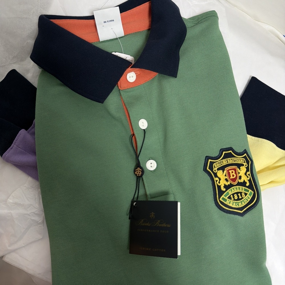 Brooks Brothers Polo Shirt Mens Large Green L Sleeve Colorblock Crest Rugby NWT